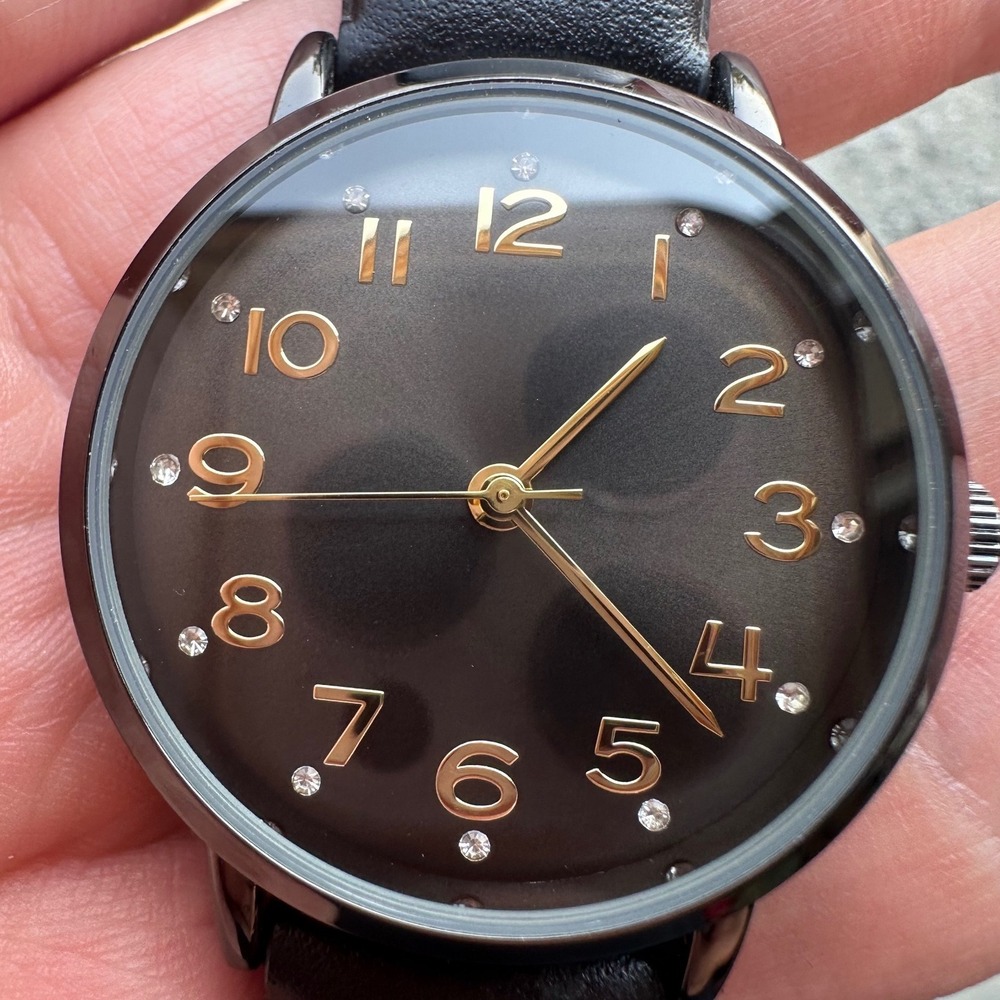 Unbranded Japan Movement Watch Black Dial Gold Numerals Crystal Accents 2302